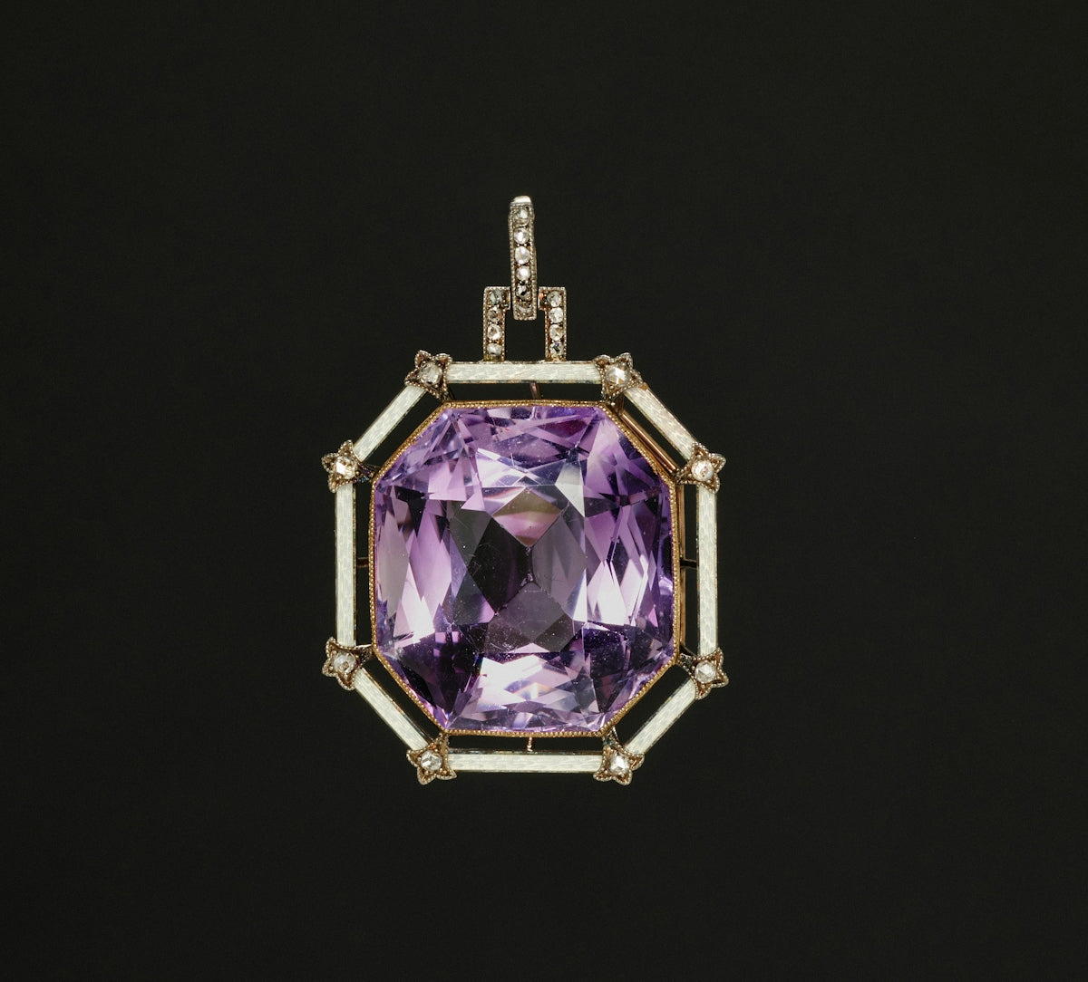 Octagonal pendant with large faceted amethyst and diamond accents