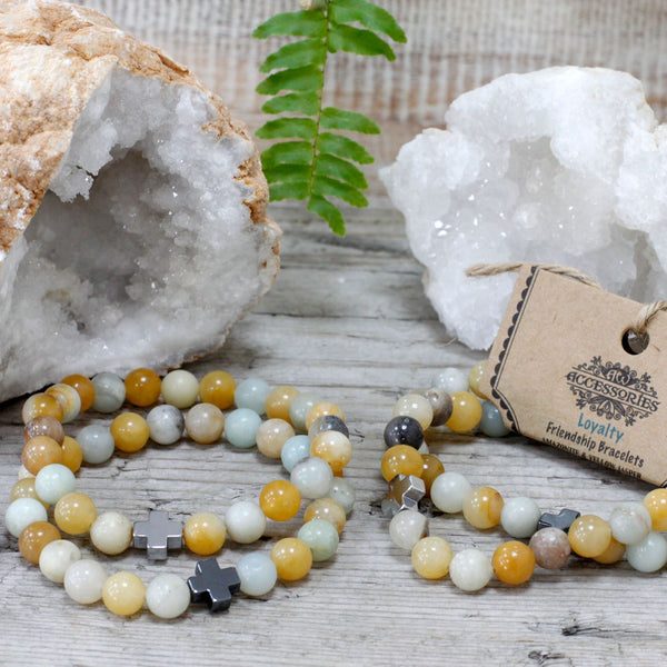 Set of 2 Gemstone Friendship Bracelets - Loyalty - Amazonite & Yellow Jasper