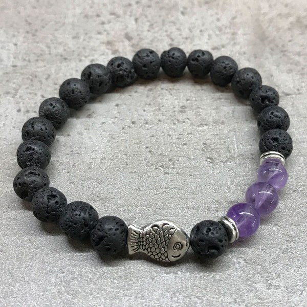Fish Amethyst Lava Stone Bracelet