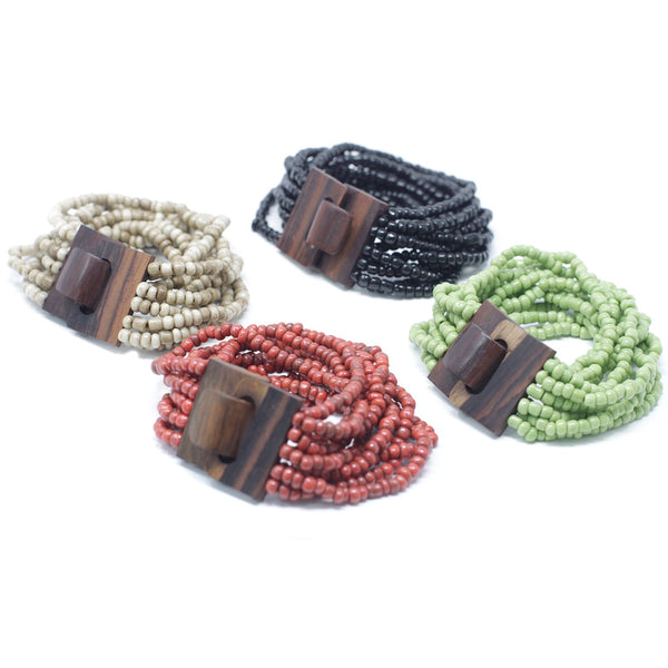 Multi-Bead Bangle with Wooden Clasp - Assorted Colours