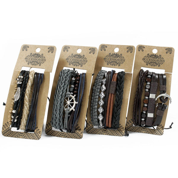 Men's Metal & Leather Bracelet Set