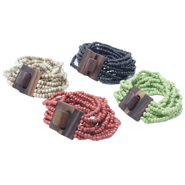 Multi-Bead Bangle with Wooden Clasp - Assorted Colours