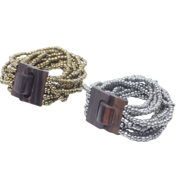 Multi-Bead Bangle with Wooden Clasp - Gold/Bronze