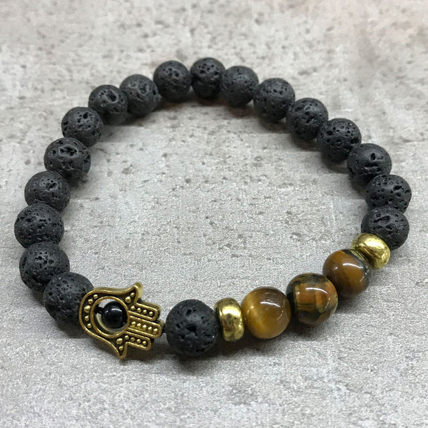 Hamsa Tiger Eye Lava Stone Bracelet