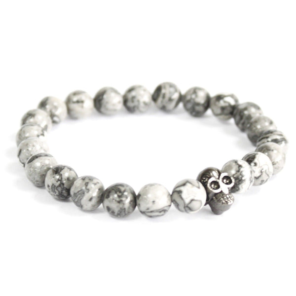 Pewter Skull Grey Agate Gemstone Bracelet