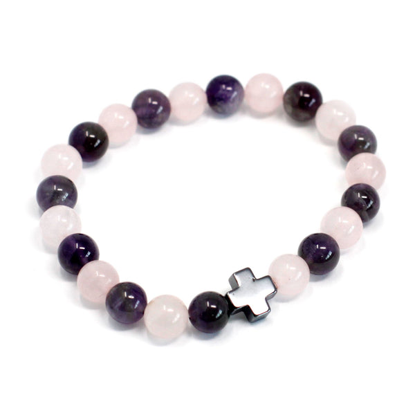 Set of 2 Gemstone Friendship Bracelets - Love - Amethyst & Rose Quartz