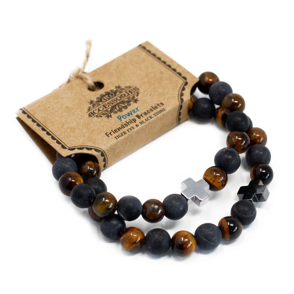 Set of 2 Gemstone Friendship Bracelets - Power - Tiger Eye & Black Stone