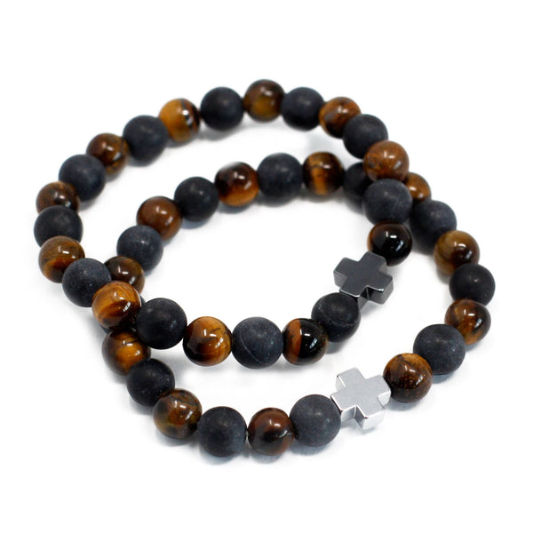 Set of 2 Gemstone Friendship Bracelets - Power - Tiger Eye & Black Stone