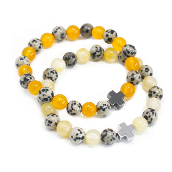 Set of 2 Gemstone Friendship Bracelets - Protection - Dalmatian Jasper & Yellow Agate