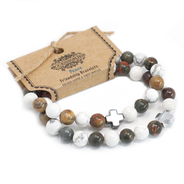 Set of 2 Gemstone Friendship Bracelets - Peace - Picasso Jasper & White Howlite
