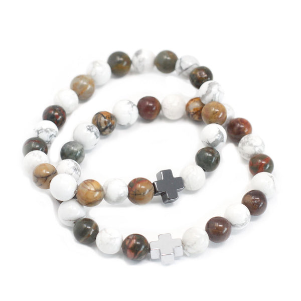 Set of 2 Gemstone Friendship Bracelets - Peace - Picasso Jasper & White Howlite
