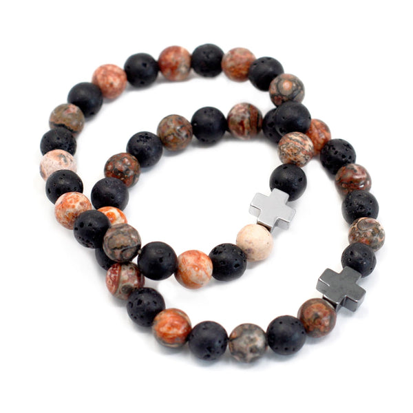 Set of 2 Gemstone Friendship Bracelets - Eternity - Leopard Skin Jasper & Lava Stone